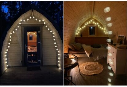 Romantiska ziemas atpūta bungalow mājiņā ar relaksāciju pirtiņā
