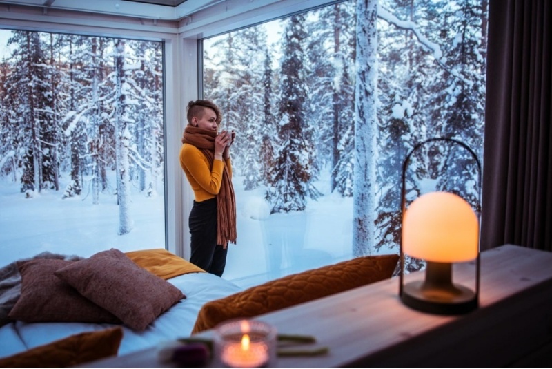 Проживание в номере со стеклянными стенами в отеле Arctic Skylight Lodge.
